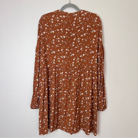 Tentree Willows Collared Tiered Long Sleeve Floral Dress Toffee Cornstalk Orange - Picture 7 of 9